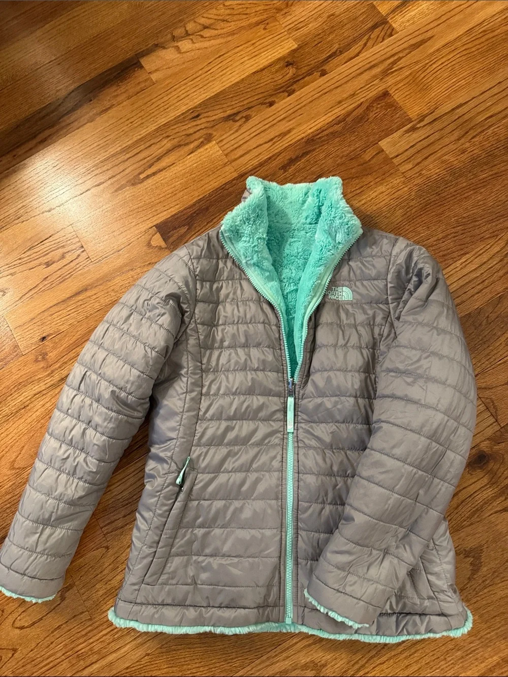 The North Face Gray Puffer Jacket with Mint Sherpa Lining